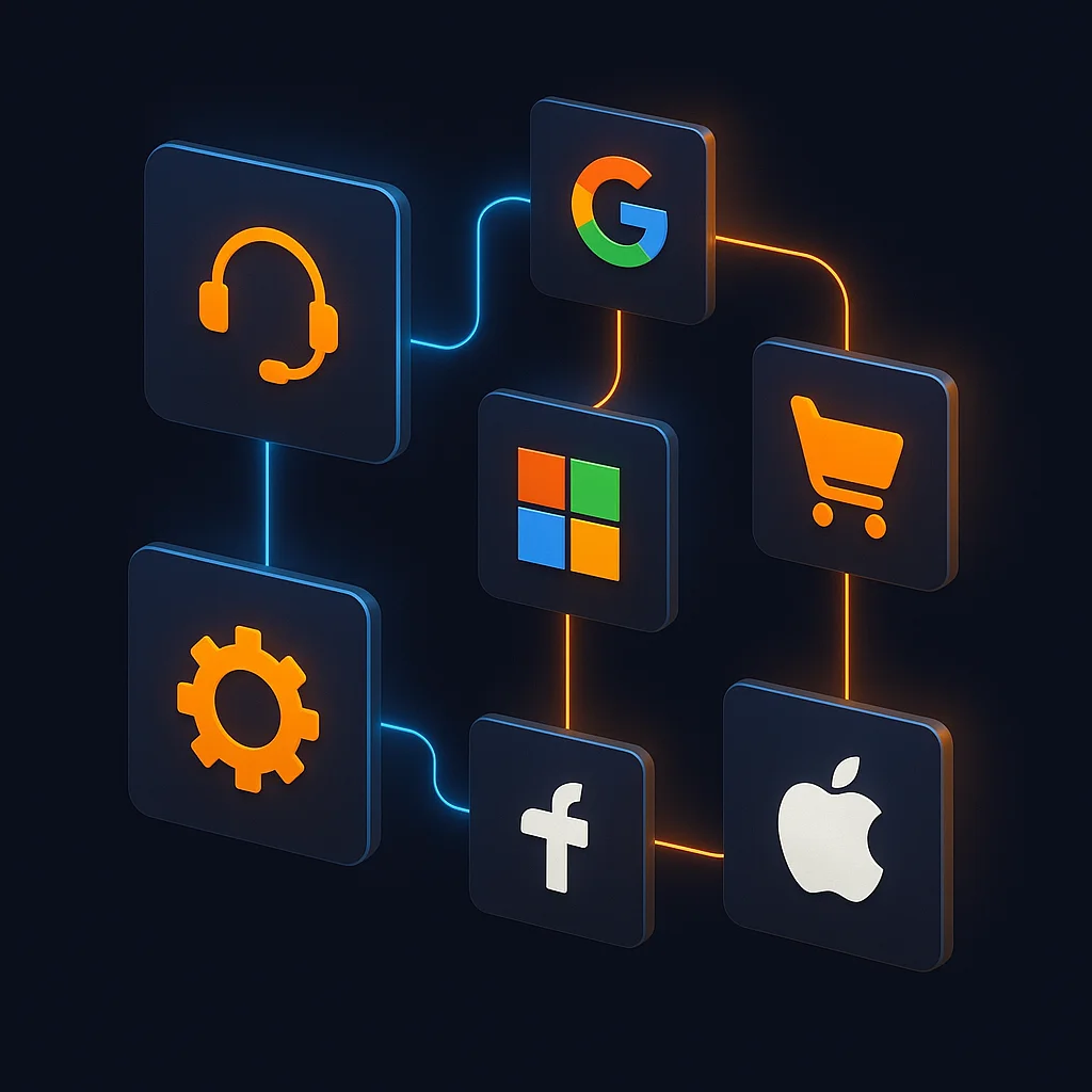 A clean concept illustration of floating connected service cards and brand icons linked by glowing lines on a dark background.