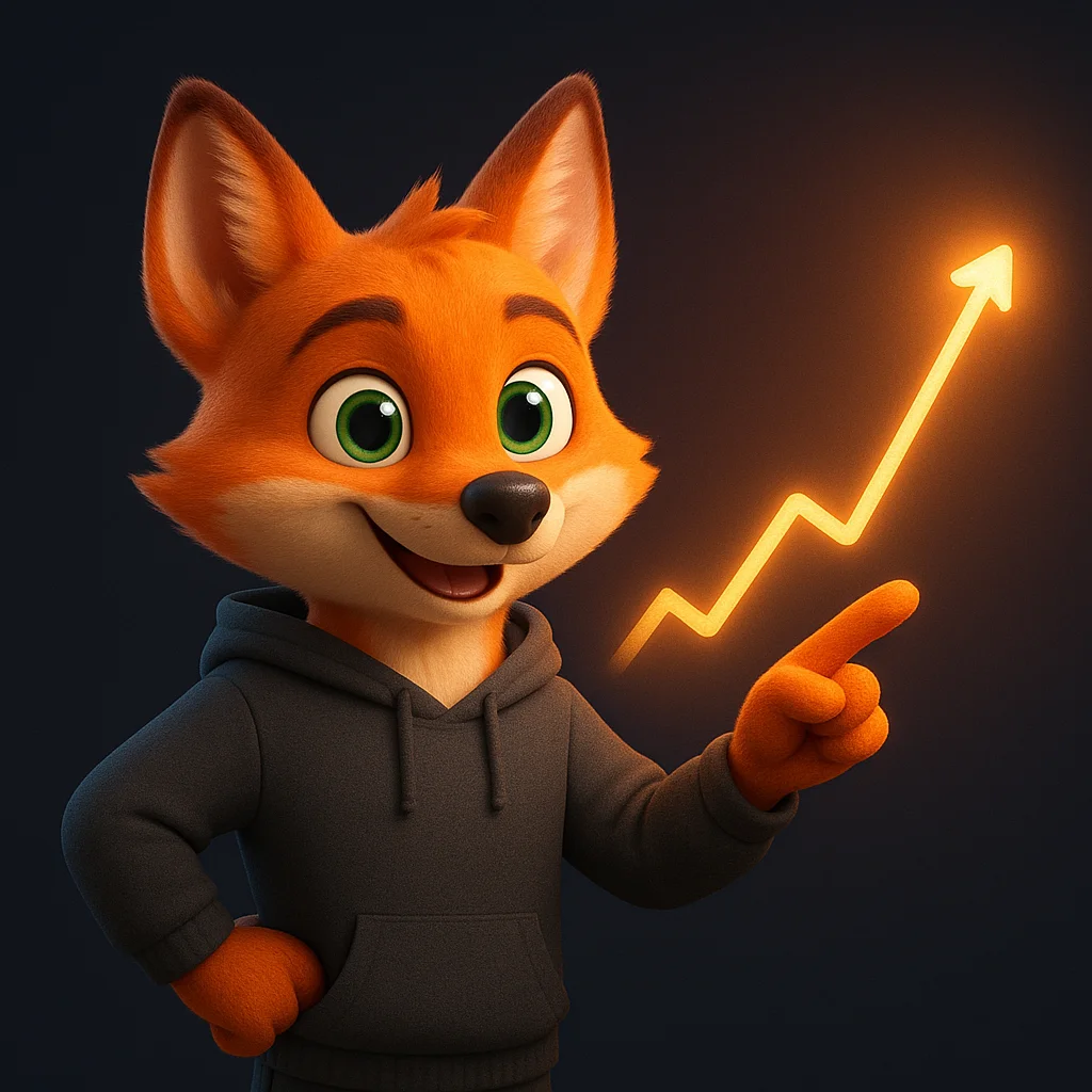 The FoxRadar fox mascot points at a rising glowing chart, showing improved referrals and visibility.