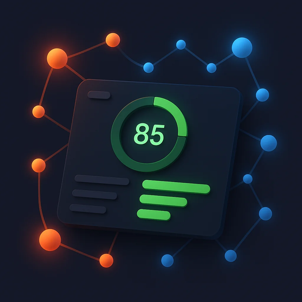 A clean concept illustration of a dashboard with increasing visibility scores and connected brand nodes on a dark background.