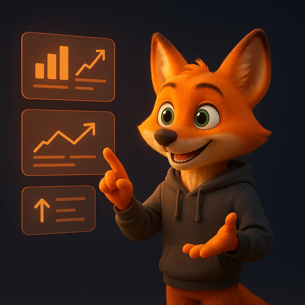 The FoxRadar fox mascot stands and points at floating data panels, explaining why an Updates page matters.