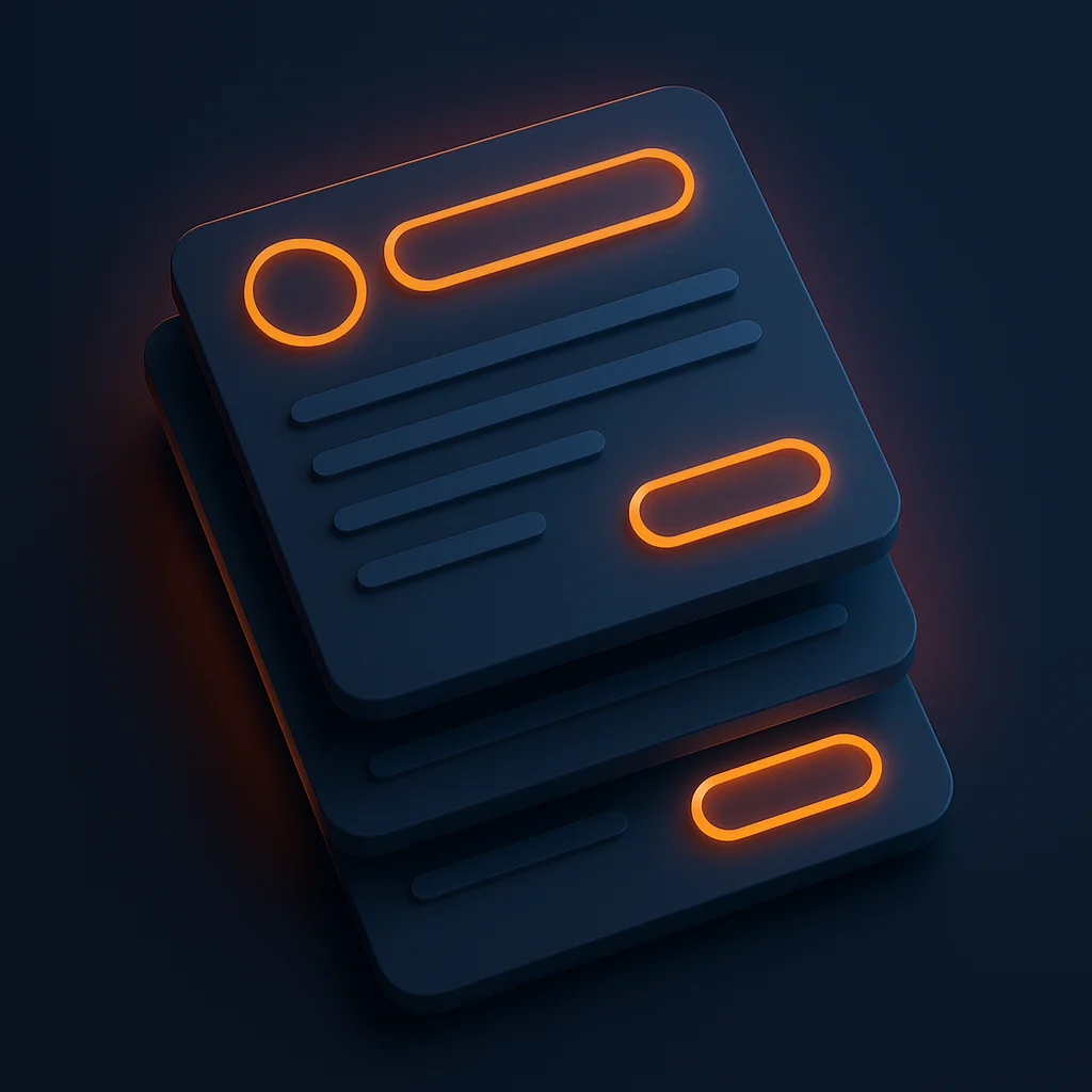 A clean 3D concept image showing glowing interface cards arranged in a stack, each card representing a recent update entry.