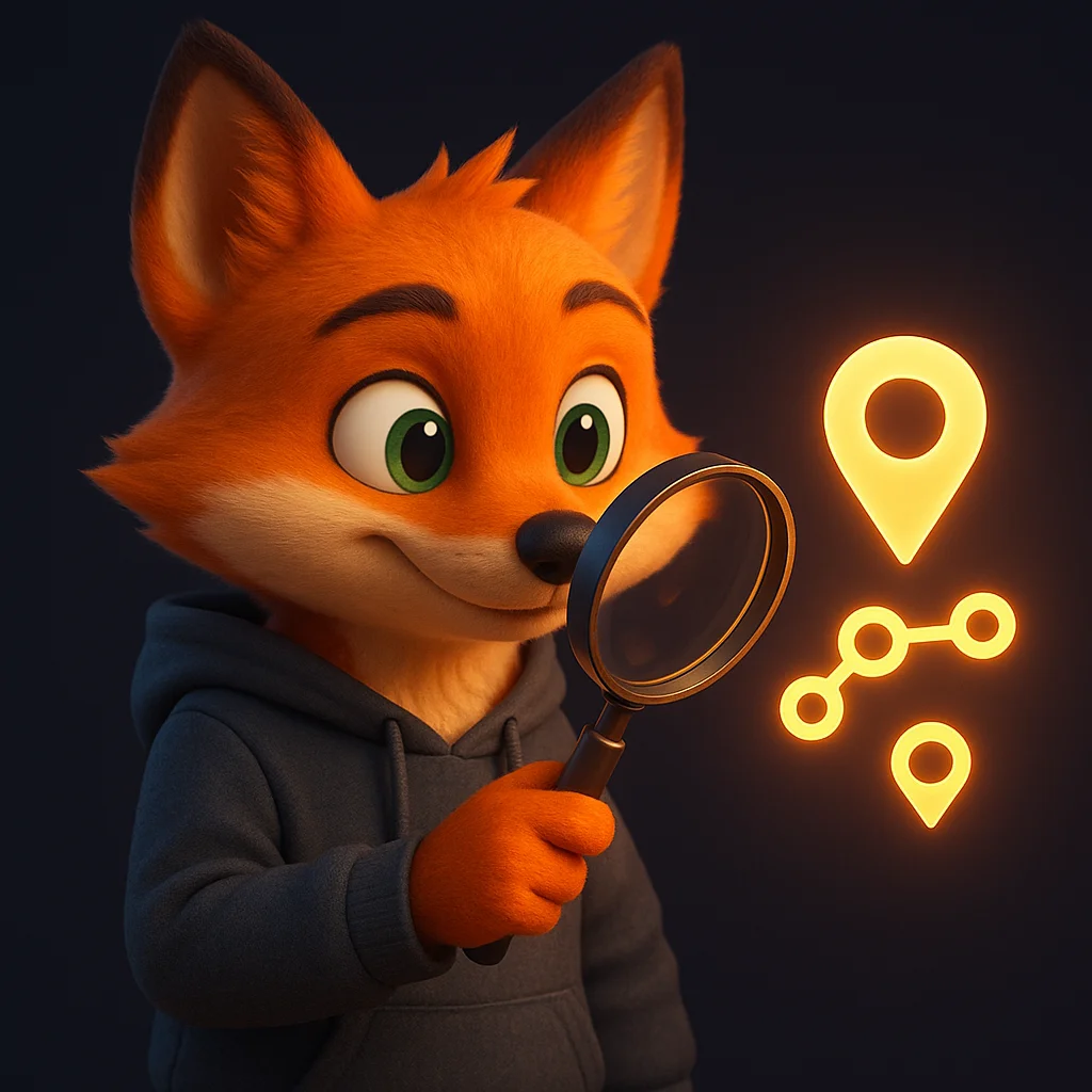 The FoxRadar fox mascot holds a magnifying glass and examines a glowing navigation icon, showing where to place the Updates link.