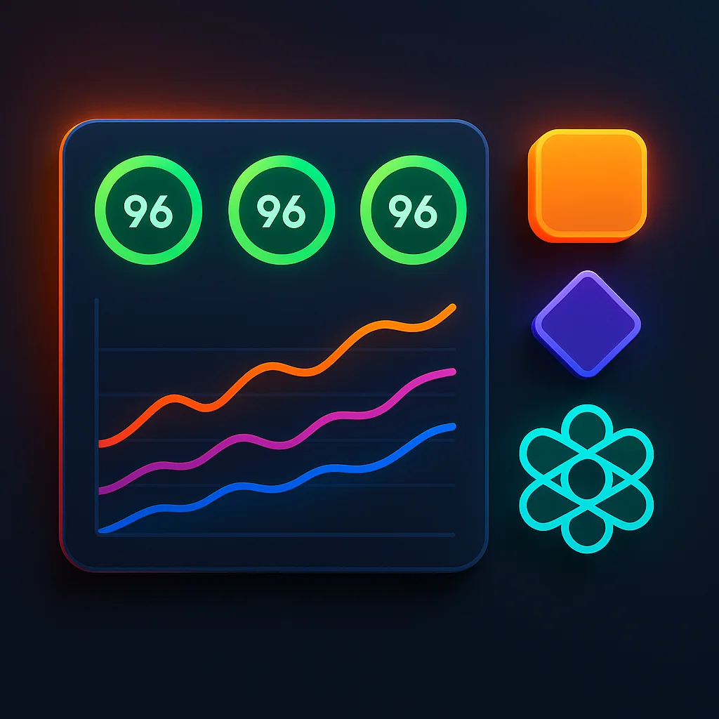 A clean 3D concept image of a dashboard with visibility scores and charts, showing improved AI awareness over time.