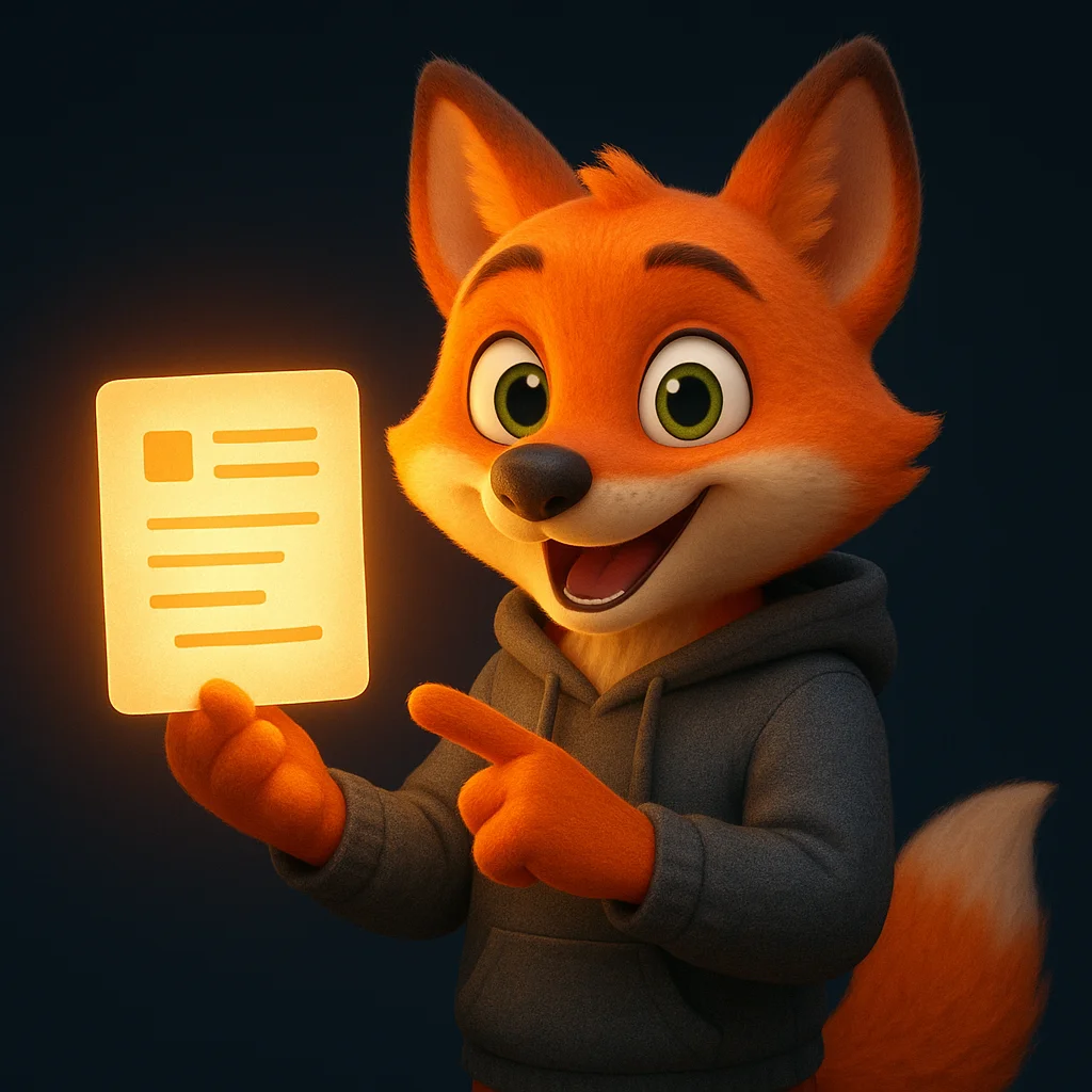 The FoxRadar fox mascot holding a glowing document and pointing to it, showing a simple voice and tone guide.
