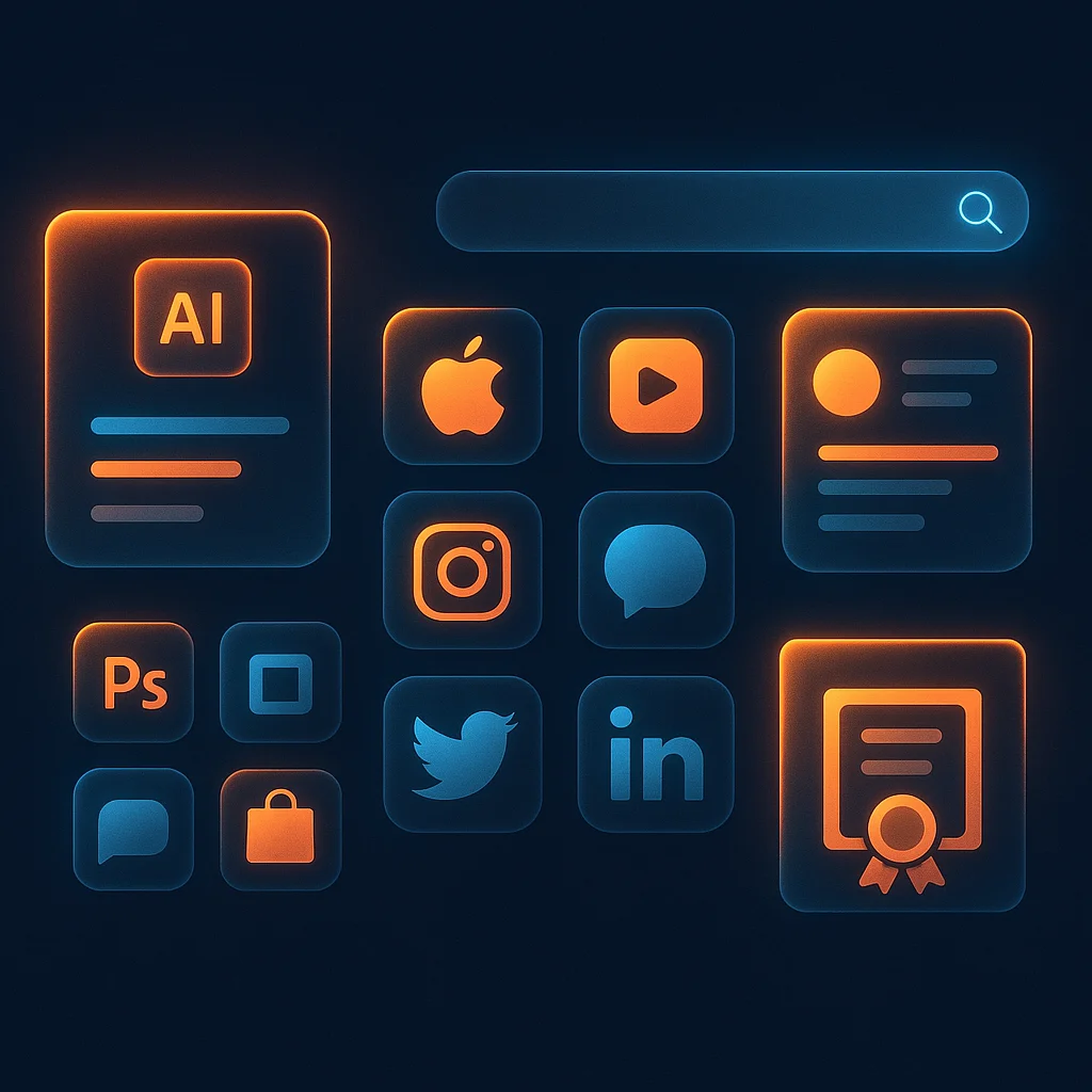 A clean concept illustration of floating glowing interface cards and sliders that suggest a style and tone guide, without any text.
