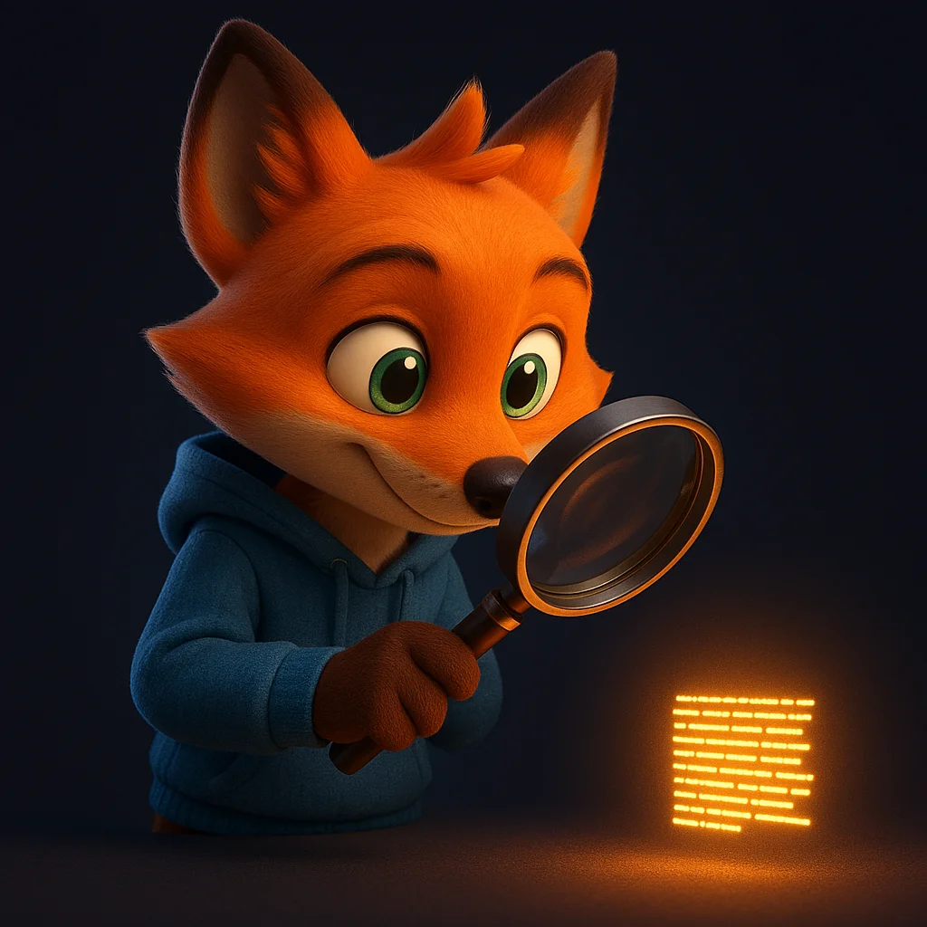 The FoxRadar fox mascot holding a magnifying glass and inspecting a small glowing example paragraph.