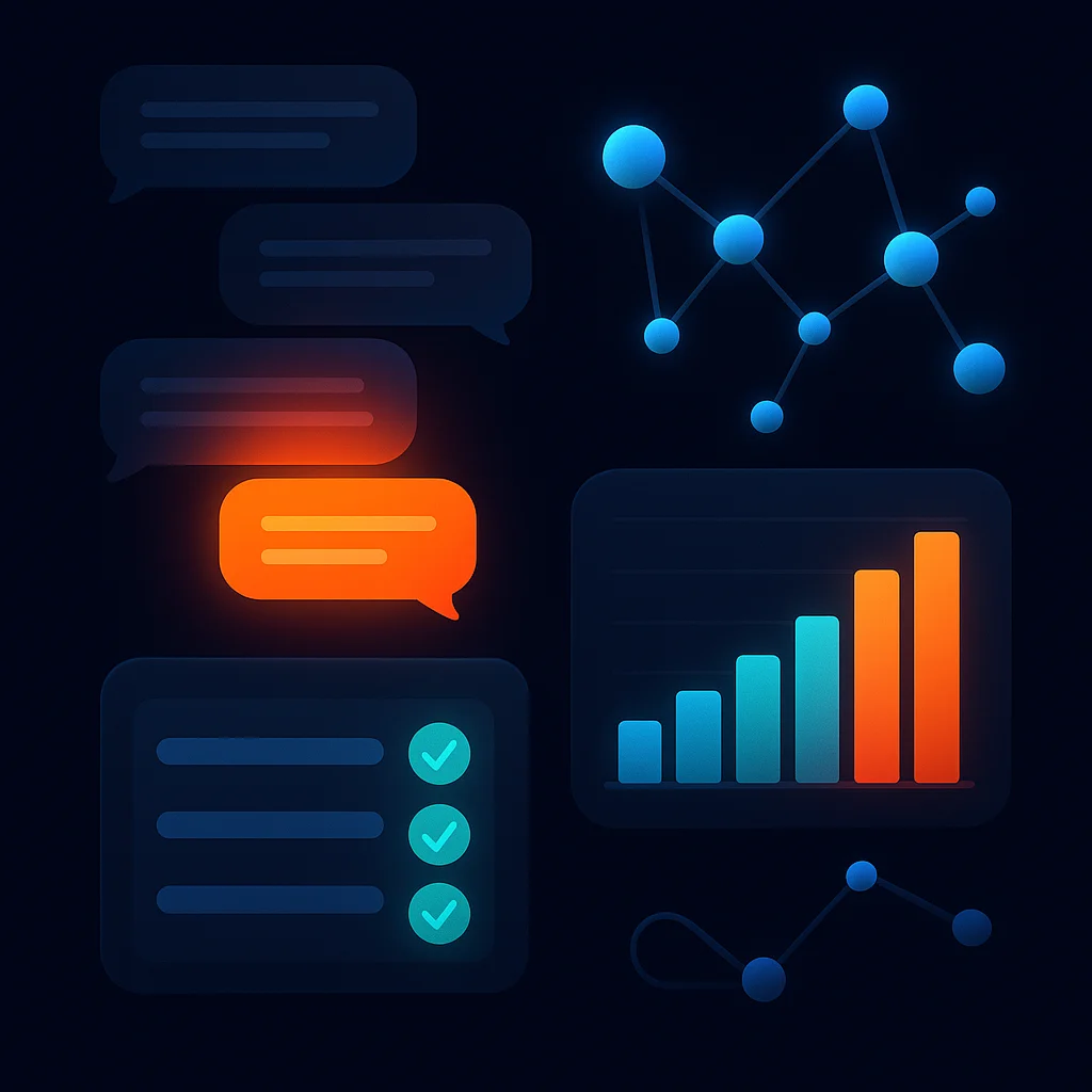 A clean concept illustration of multiple chat bubbles, with one central bubble glowing brighter to show a clear, leading brand voice.