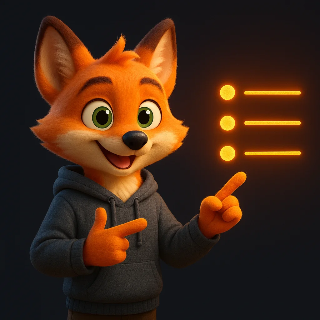 The FoxRadar fox mascot pointing at floating bullet points, explaining a simple list of things the business does not do.