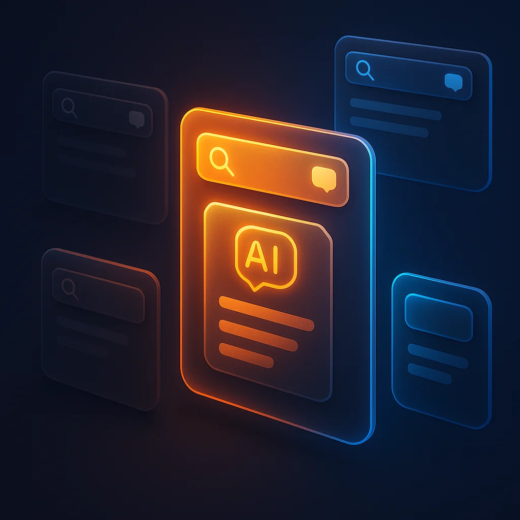 A clean concept illustration showing glowing search result cards, with some cards bright and others dimmed to show filtering, no fox present.