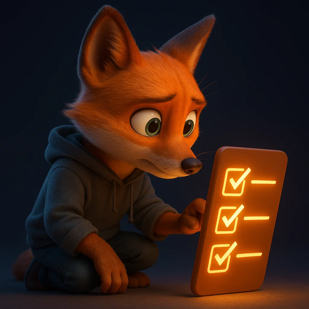 The FoxRadar fox mascot kneeling and closely inspecting a glowing checklist with a focused, thoughtful look.