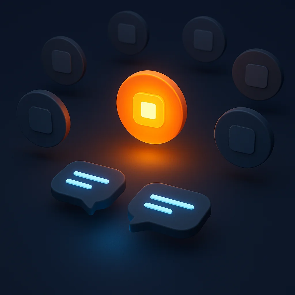 A clean concept illustration of a bright brand icon glowing above dim competitor icons next to AI chat bubbles, no fox present.