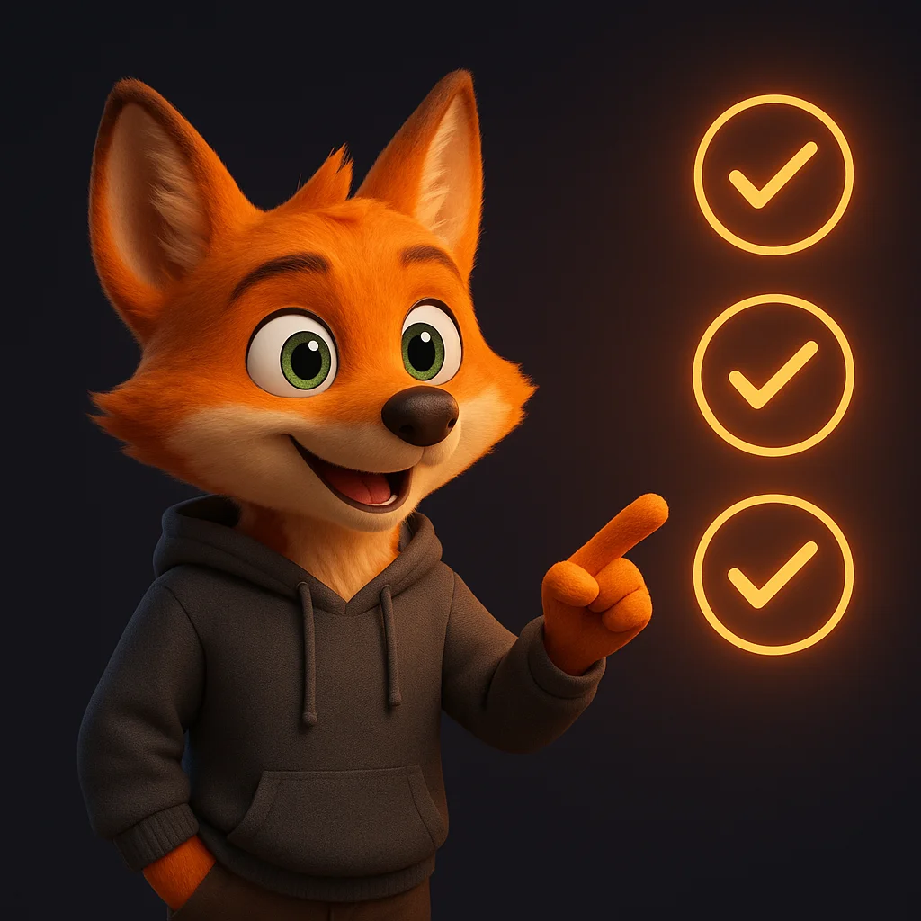 The FoxRadar fox mascot stands and points at floating checklist items about a wholesale program.