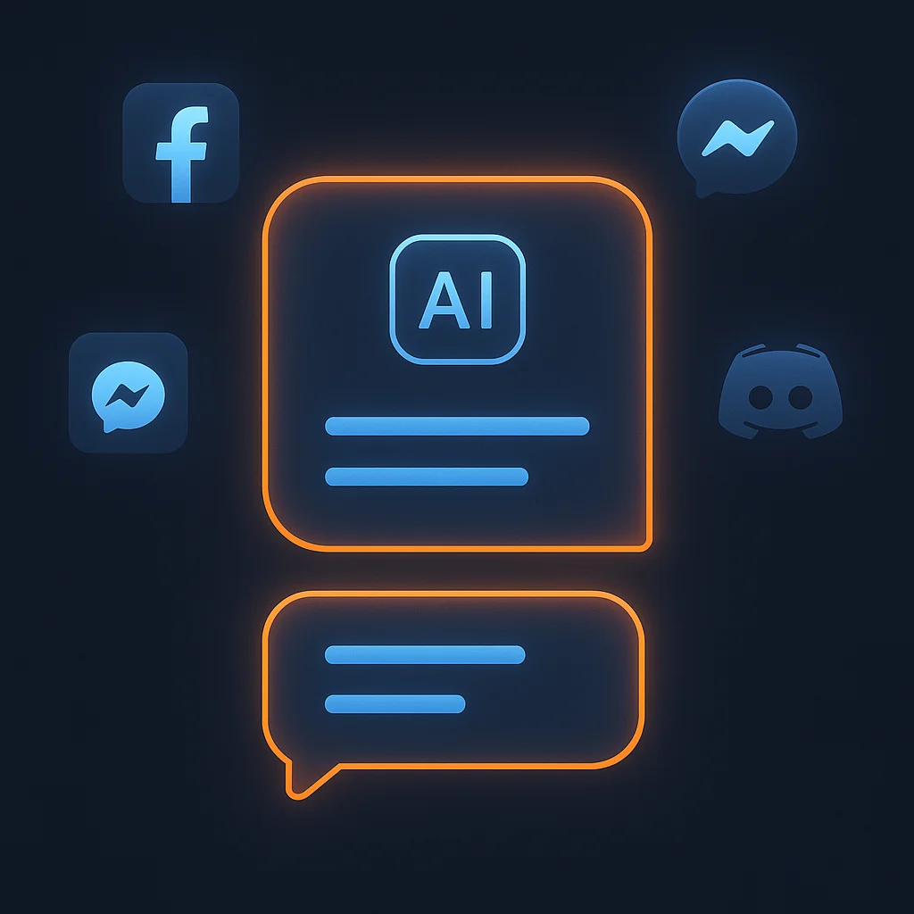 A clean concept illustration of glowing AI chat result cards and brand icons on a dark background.