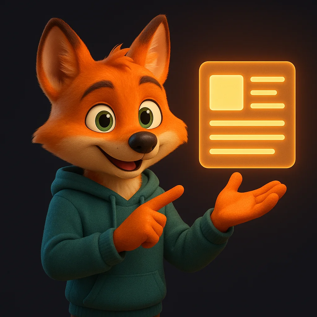The FoxRadar fox mascot holds a glowing document template, smiling with a confident, helpful pose.
