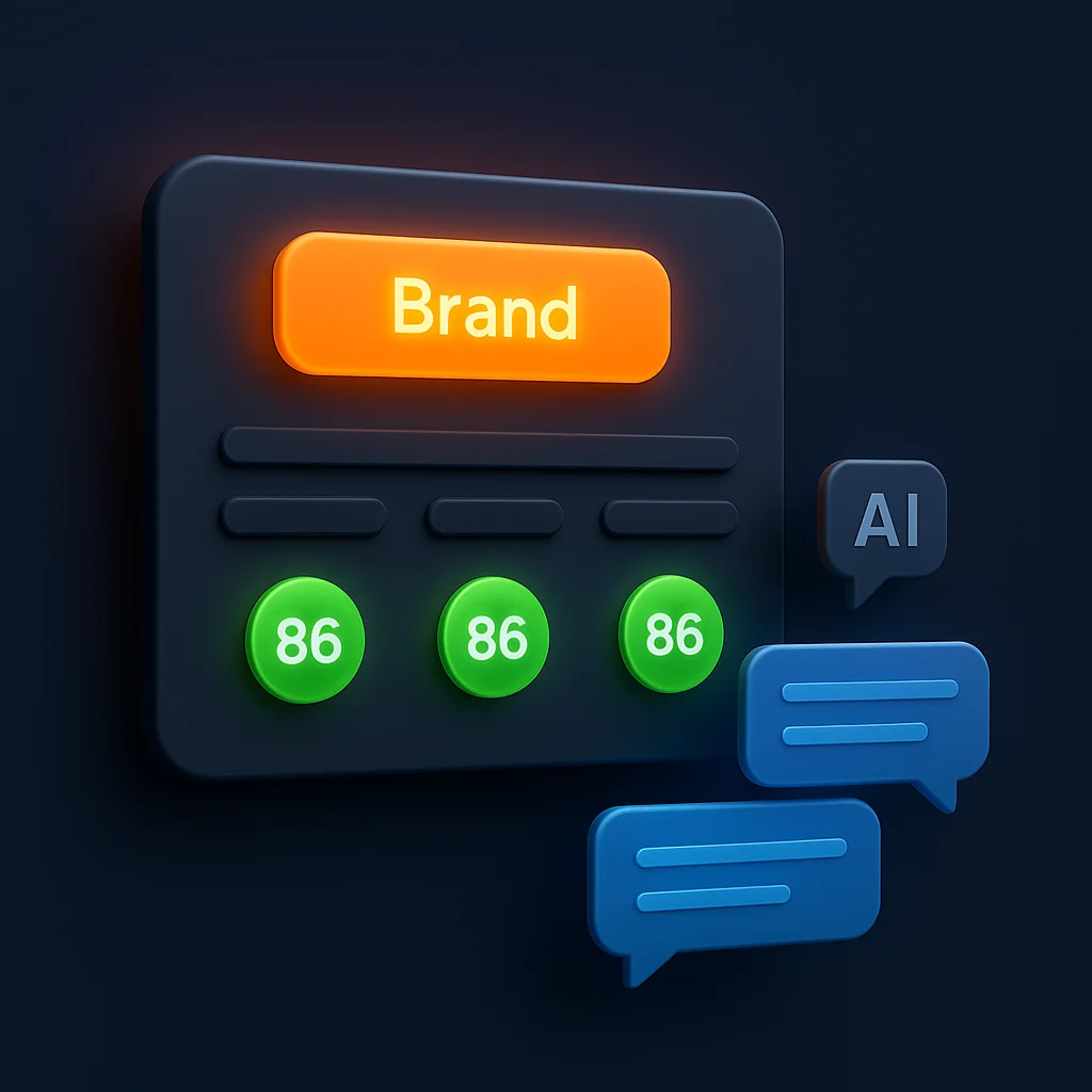 A clean concept illustration showing a dashboard with bright visibility scores and a highlighted brand name among dimmer competitors.