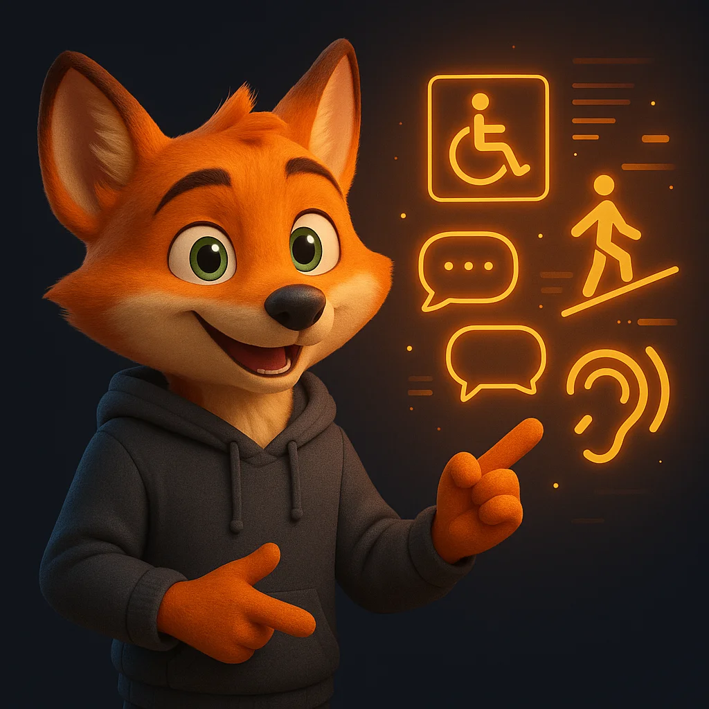 The FoxRadar fox mascot stands and points at floating icons representing accessibility and languages, guiding the reader to key details.