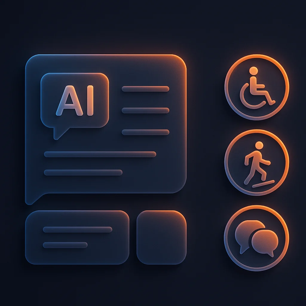 A clean concept illustration of glowing interface cards with accessibility and language icons on a dark background.