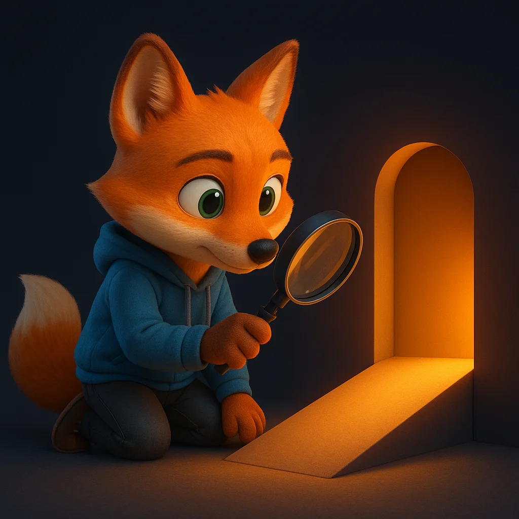 The FoxRadar fox mascot kneels and inspects a glowing ramp and door icon closely, showing careful verification.