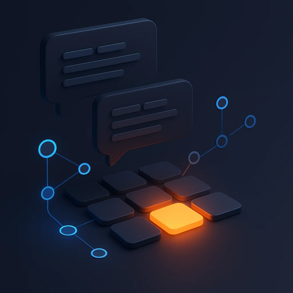 A clean concept illustration of a bright brand tile glowing above AI chat bubbles, with connected nodes showing citations.
