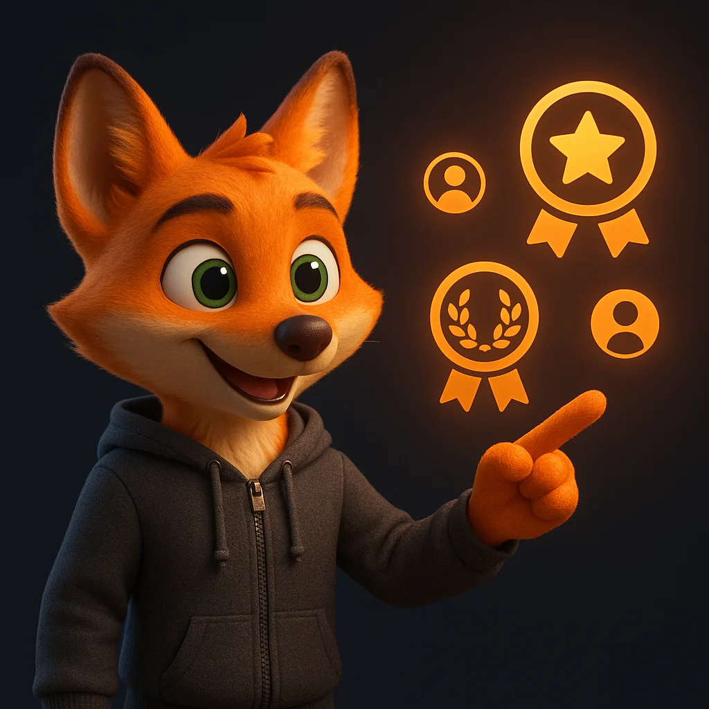 The FoxRadar fox mascot stands and points at floating award badges and membership icons.