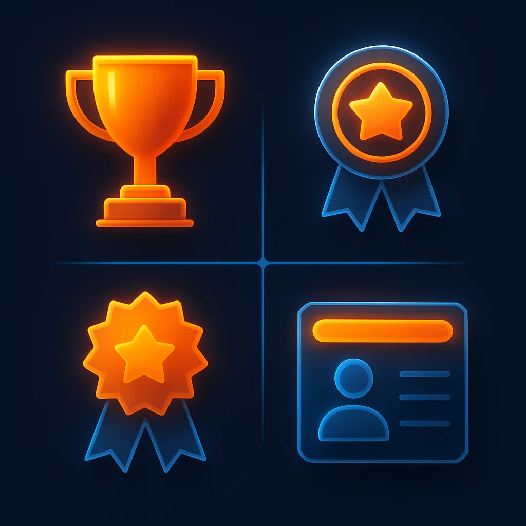 A clean concept illustration of glowing award badges and membership icons arranged on dark background, no text.