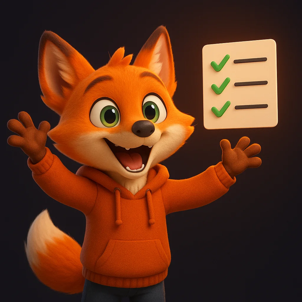 The FoxRadar fox mascot celebrates with arms raised next to a short checklist glowing in the air.