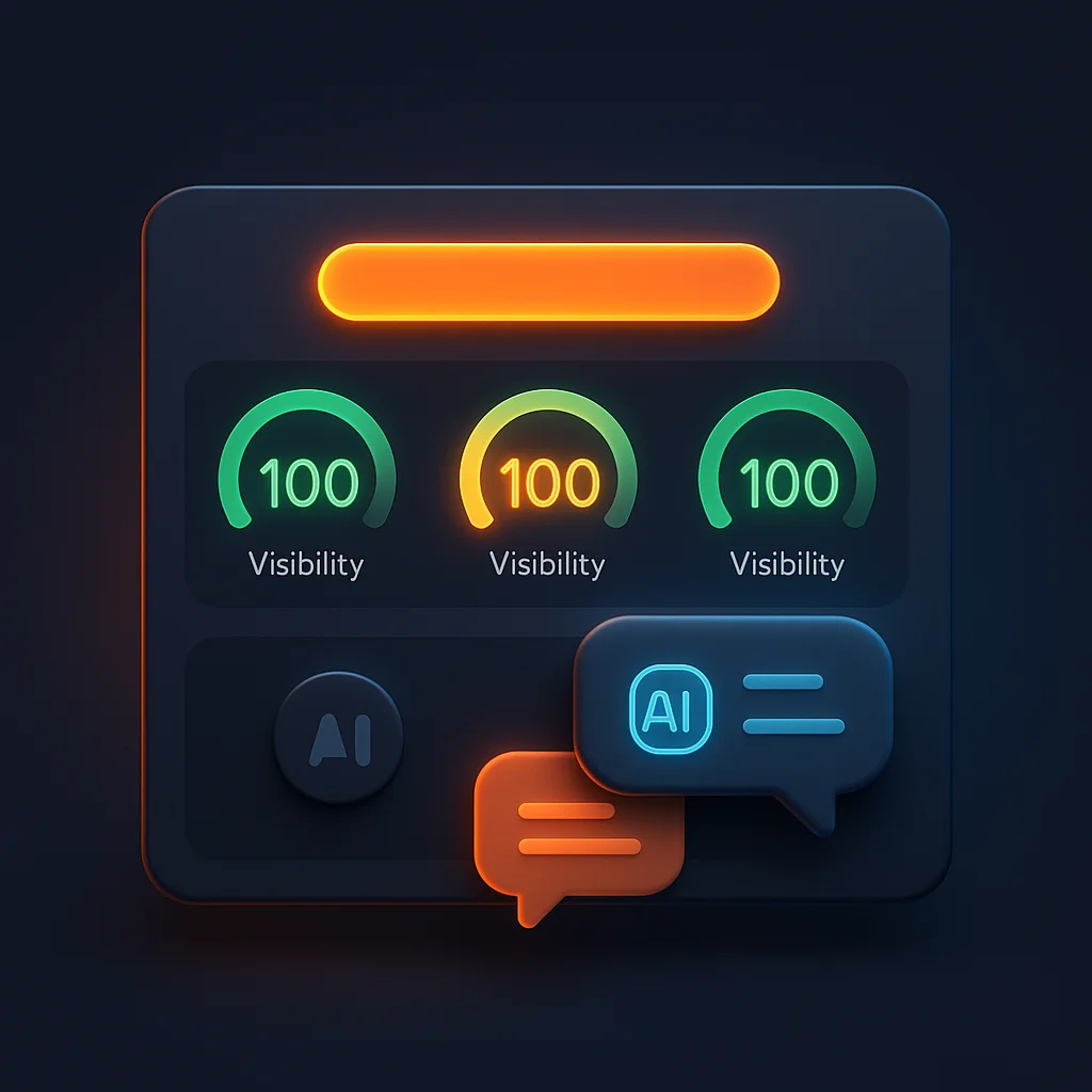 A clean concept illustration of a dashboard with visibility scores and a brand name glowing brighter than others, no text.