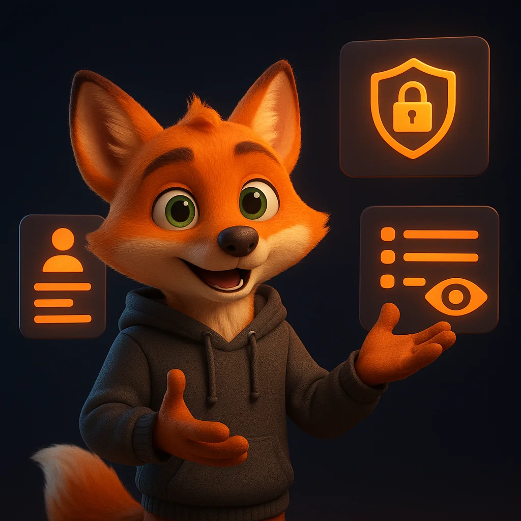 The FoxRadar fox mascot gesturing while explaining, with floating data panels around.