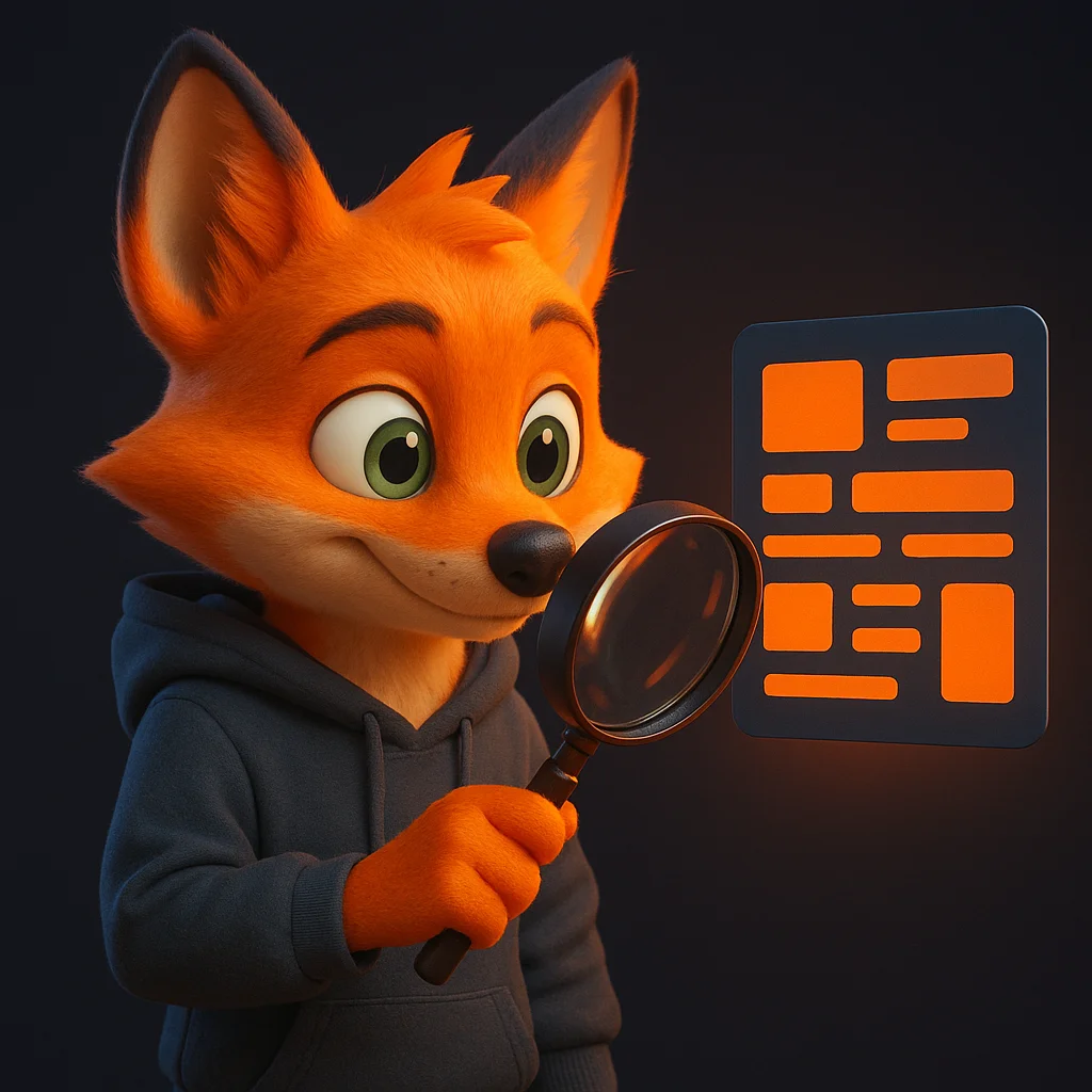 The FoxRadar fox mascot holding a magnifying glass and inspecting a glowing data card.