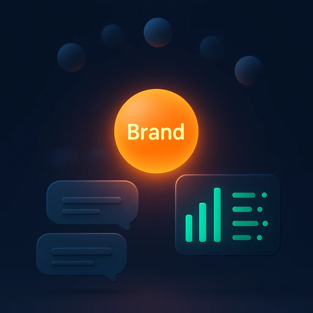 Abstract dashboard showing visibility and trust signals glowing above AI chat bubbles, without any text.