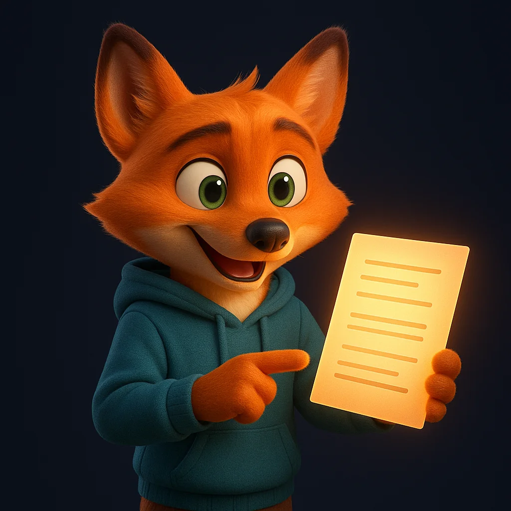 The FoxRadar fox mascot holding a glowing document like a menu and pointing to clear dietary notes.
