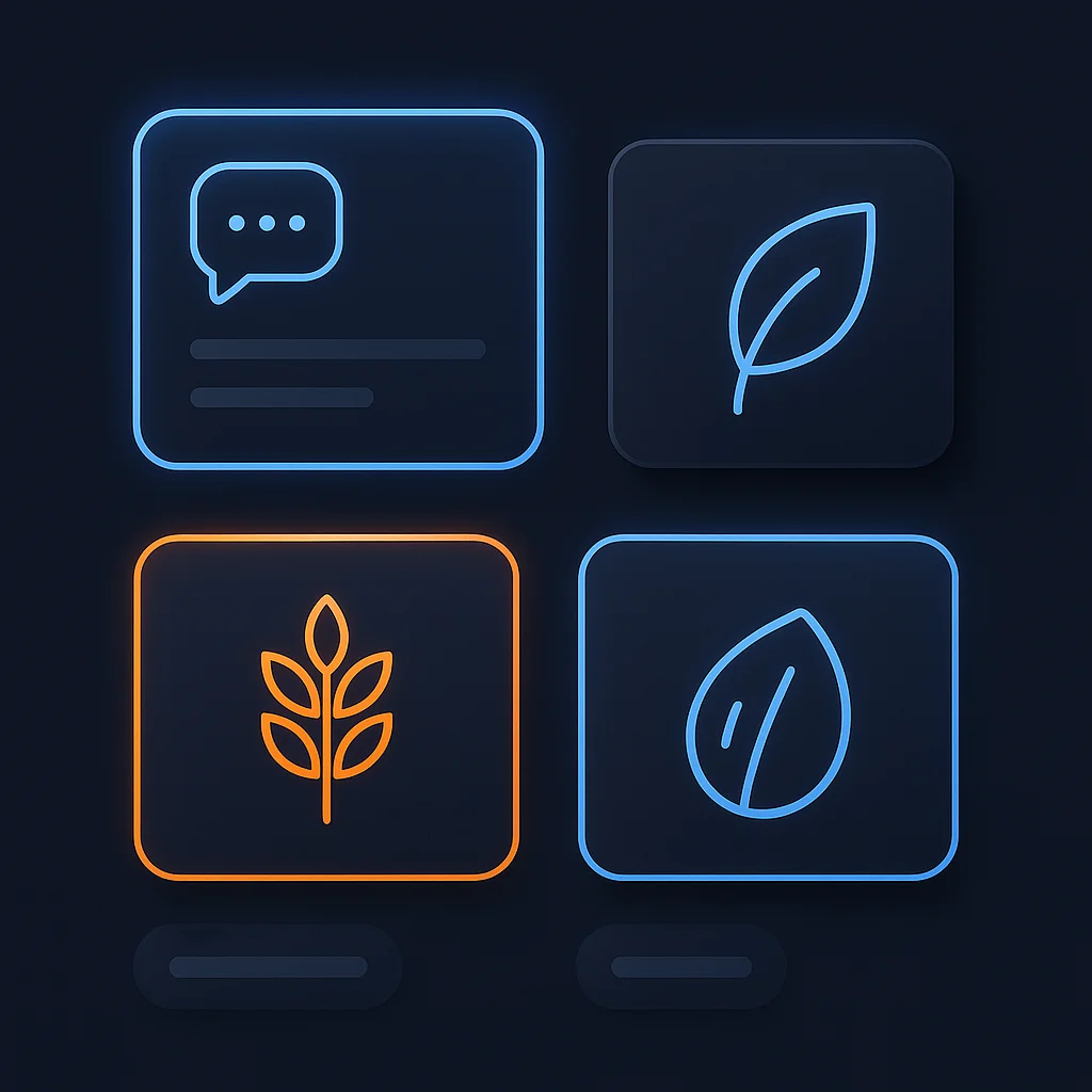 A clean concept illustration of floating AI chat result cards showing menu items with dietary tags, on a dark background.