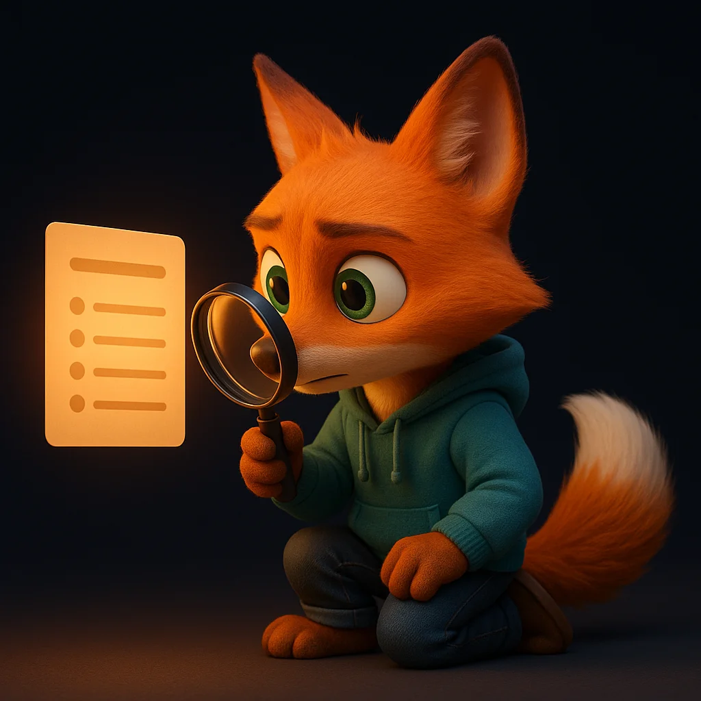The FoxRadar fox mascot holding a magnifying glass and closely inspecting a menu item card with ingredient notes.