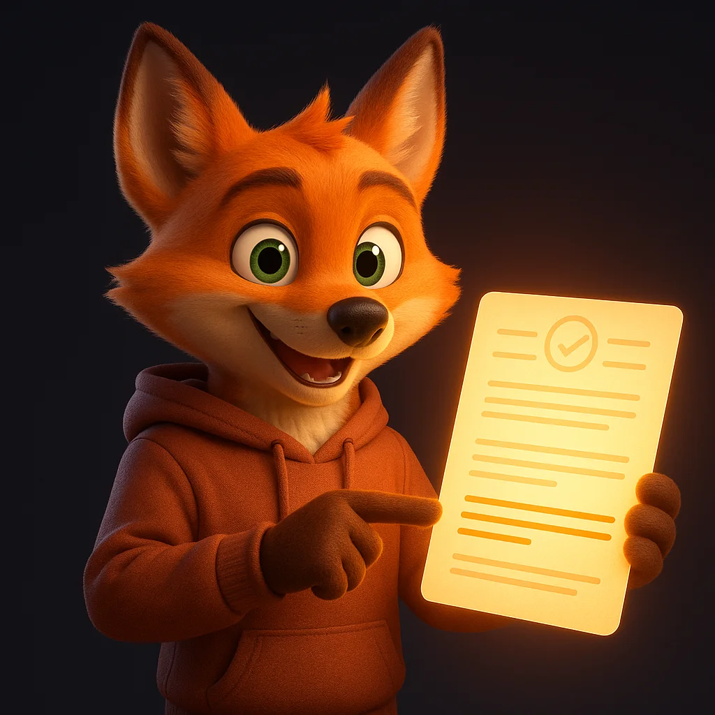 The FoxRadar fox mascot holding a glowing insurance certificate and pointing to key details with a confident smile.