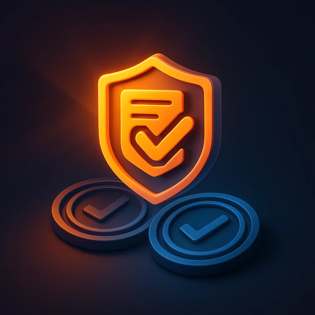 A clean 3D concept of glowing certificate and badge graphics on a dark background, showing layers of verification.