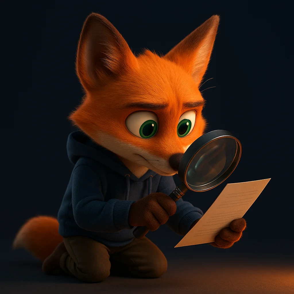 The FoxRadar fox mascot kneeling and inspecting a document closely with a magnifying glass, focused and precise.