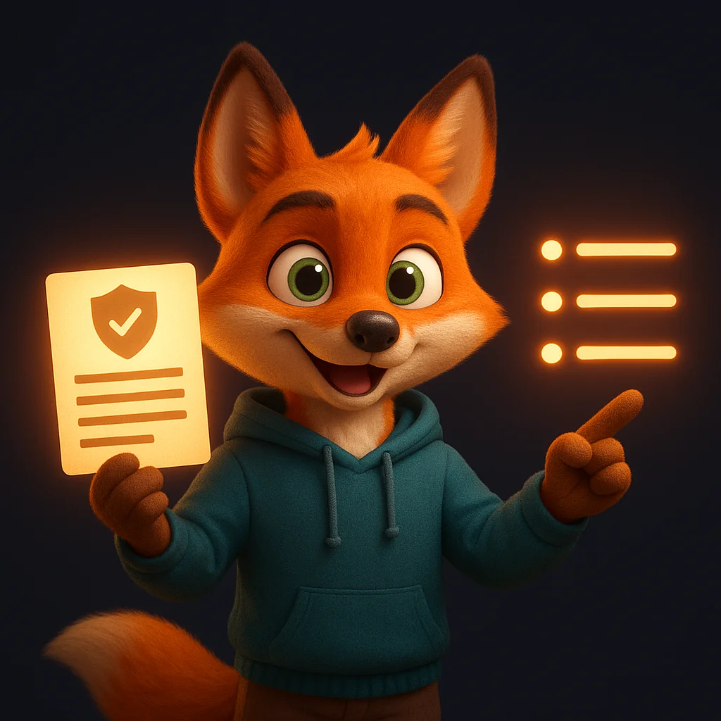 The FoxRadar fox mascot holding a glowing insurance document and pointing toward clear bullet points.