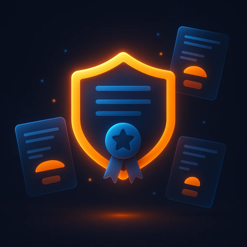 A clean concept illustration of a glowing certificate badge and policy cards on a dark background.
