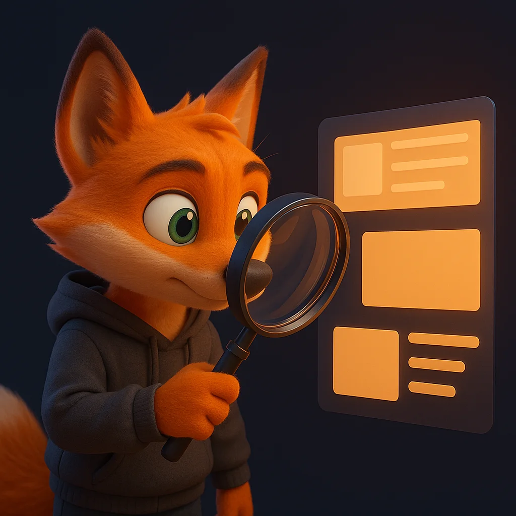 The FoxRadar fox mascot examining a simple web page layout with a large magnifying glass.