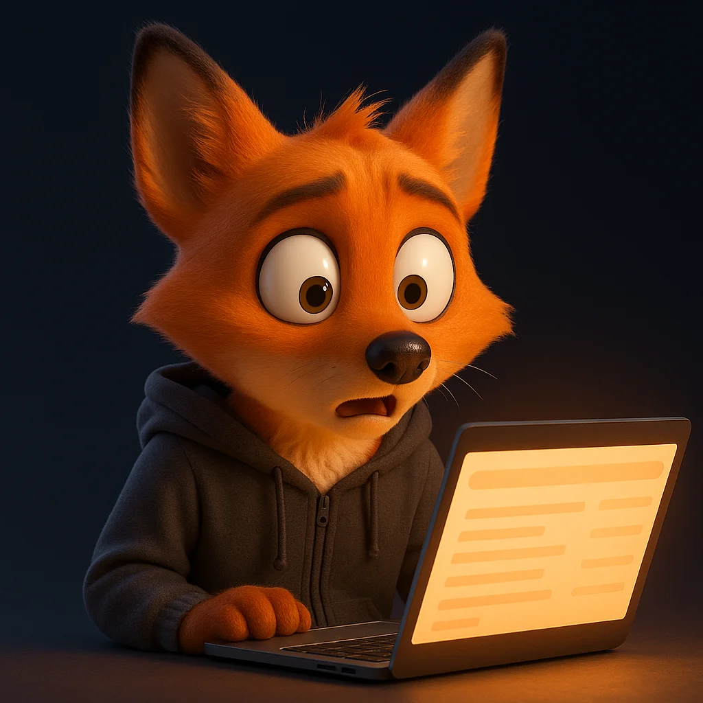 The FoxRadar fox mascot looking at a laptop with a surprised face after seeing the brand missing from AI results