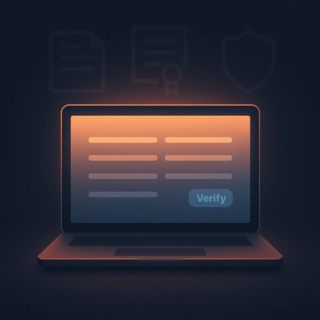 A clean concept illustration of a laptop screen showing a simple credentials page with clear labels and a verify link, no fox shown