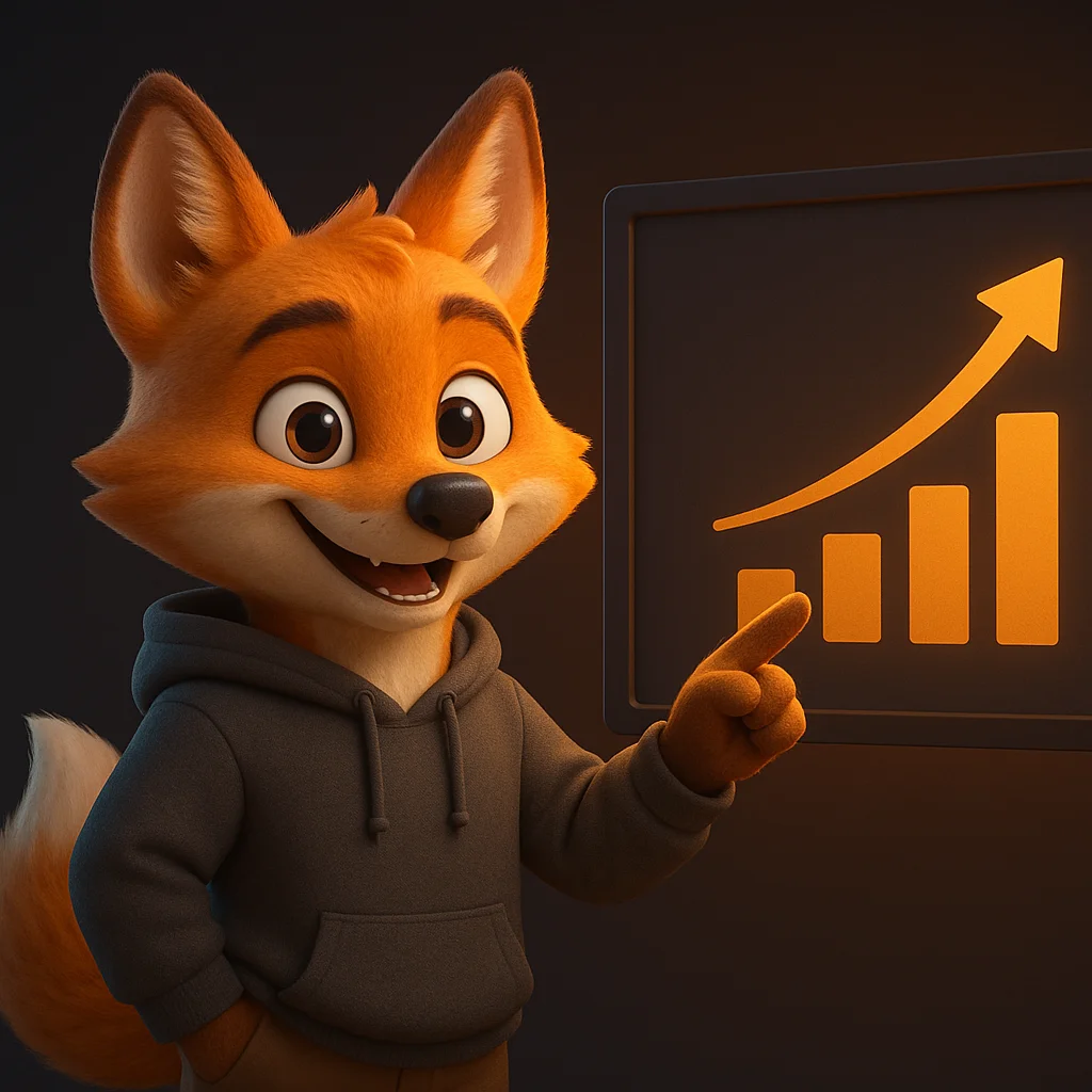 The FoxRadar fox mascot pointing at a rising visibility chart on a screen, smiling with confidence