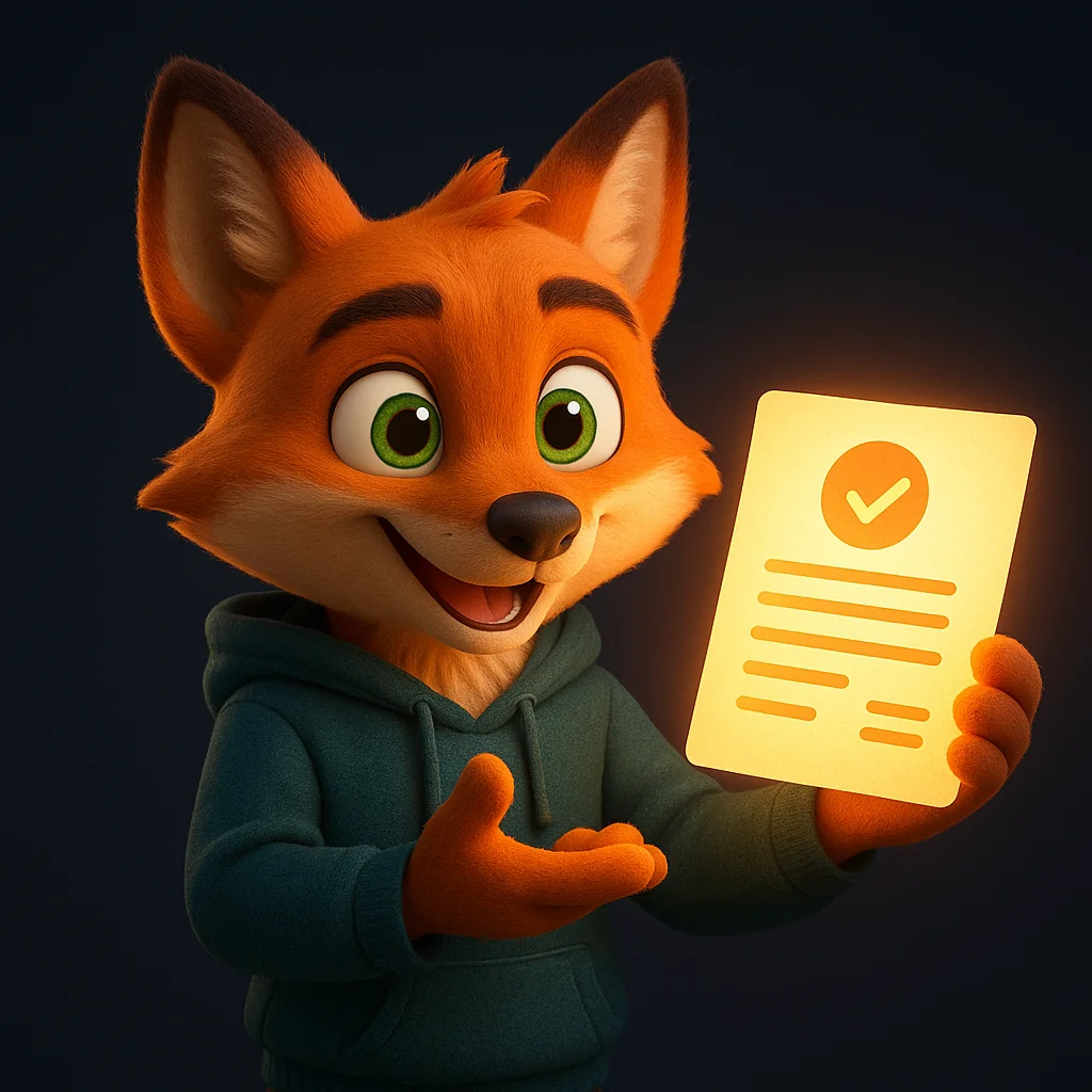 The FoxRadar fox mascot holding a glowing certificate and pointing toward it with a confident smile.