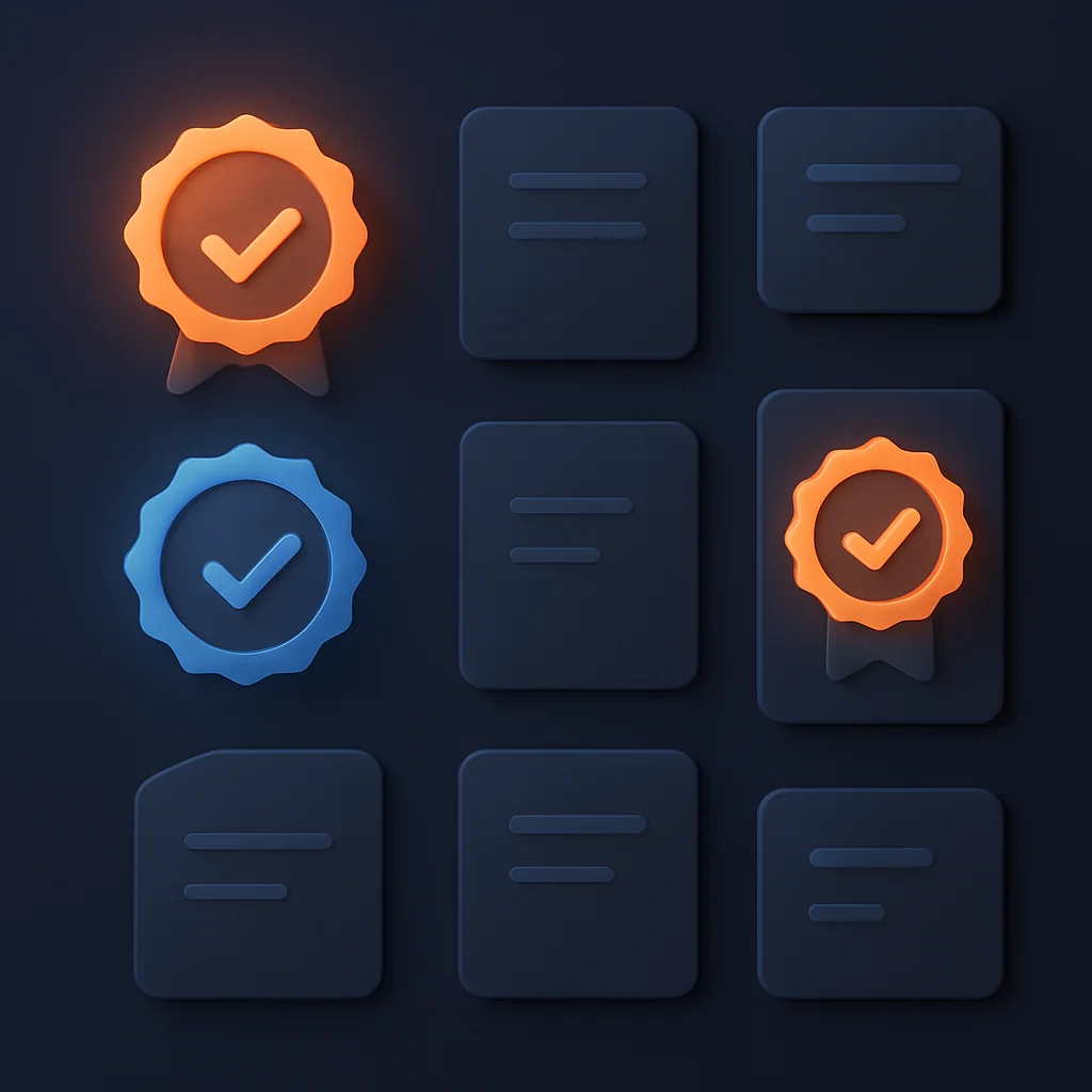 A clean concept illustration of floating certification badges and document cards with soft orange and blue glow, no characters.