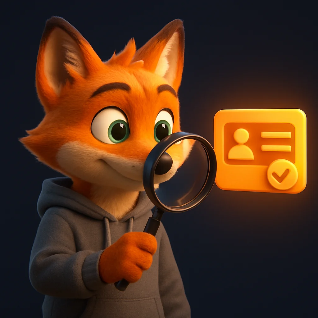 The FoxRadar fox mascot inspecting a glowing license badge with a magnifying glass, focused and confident.