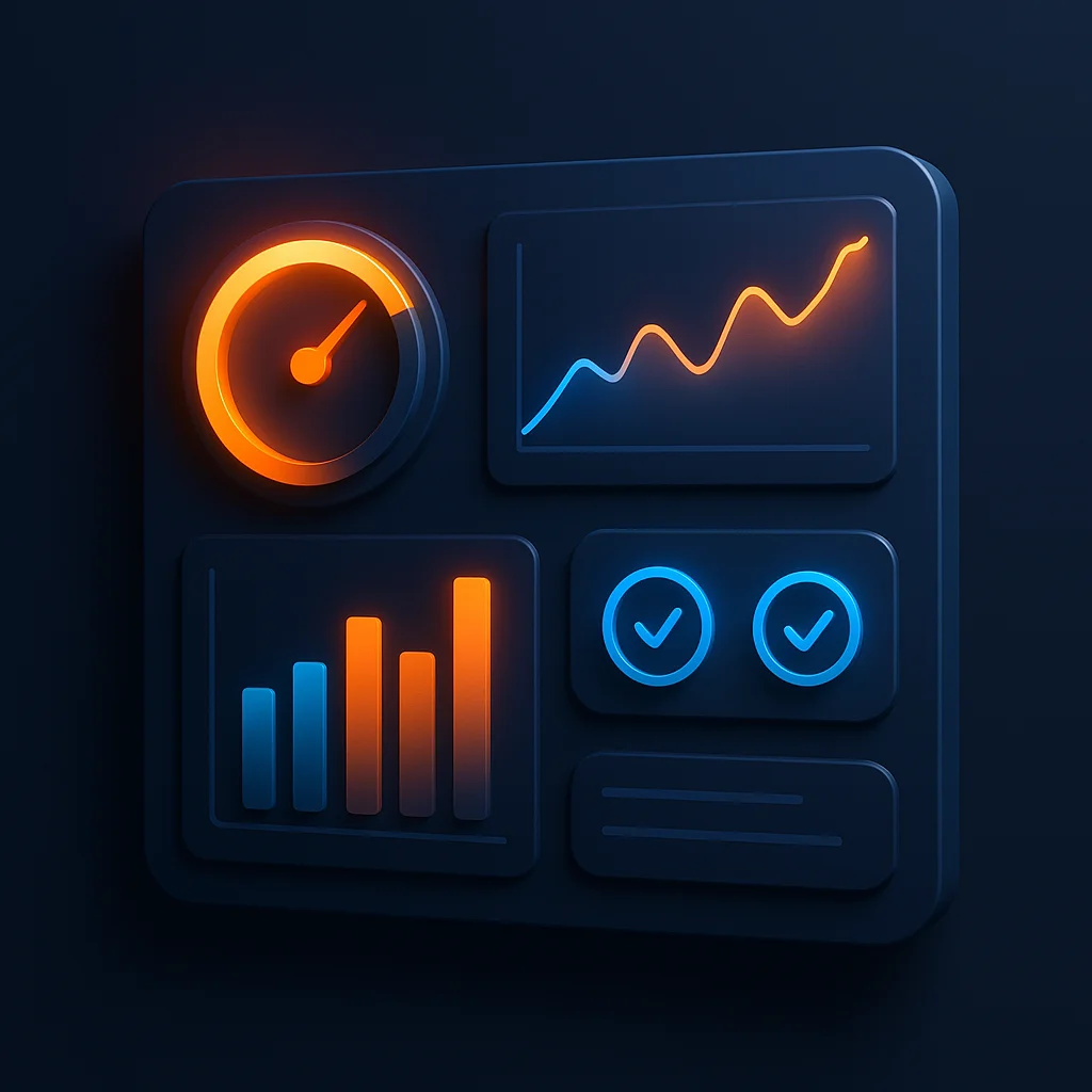 A clean concept illustration of a dashboard with bright visibility score dials and charts glowing on a dark background, no characters.
