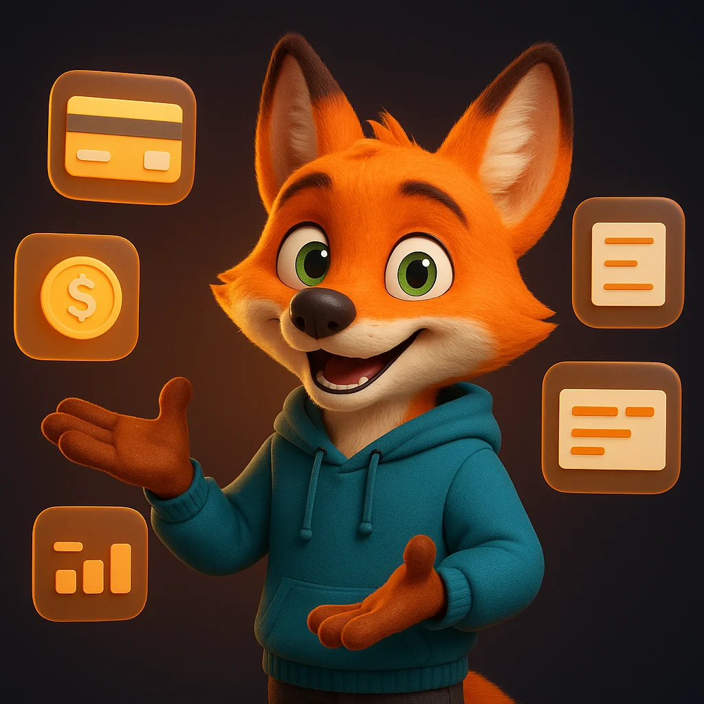 The FoxRadar fox mascot pointing at floating payment icons and simple data cards, explaining clearly.