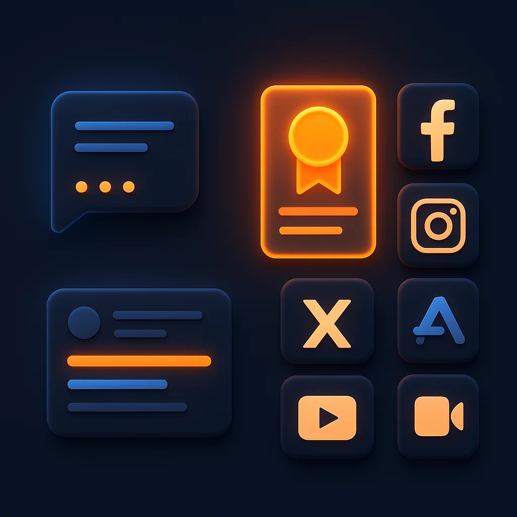 A clean concept illustration of glowing payment method icons and abstract AI chat result cards on a dark background.