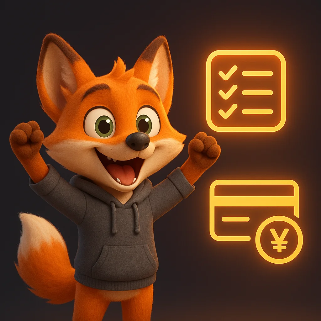 The FoxRadar fox mascot holding a magnifying glass toward a bright checklist, celebrating a clear payment plan.