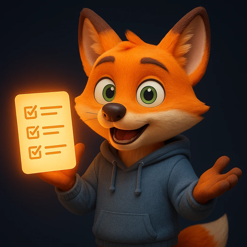 The FoxRadar fox mascot holding a glowing checklist document, pointing at key items to explain an In‑Stock Today page.